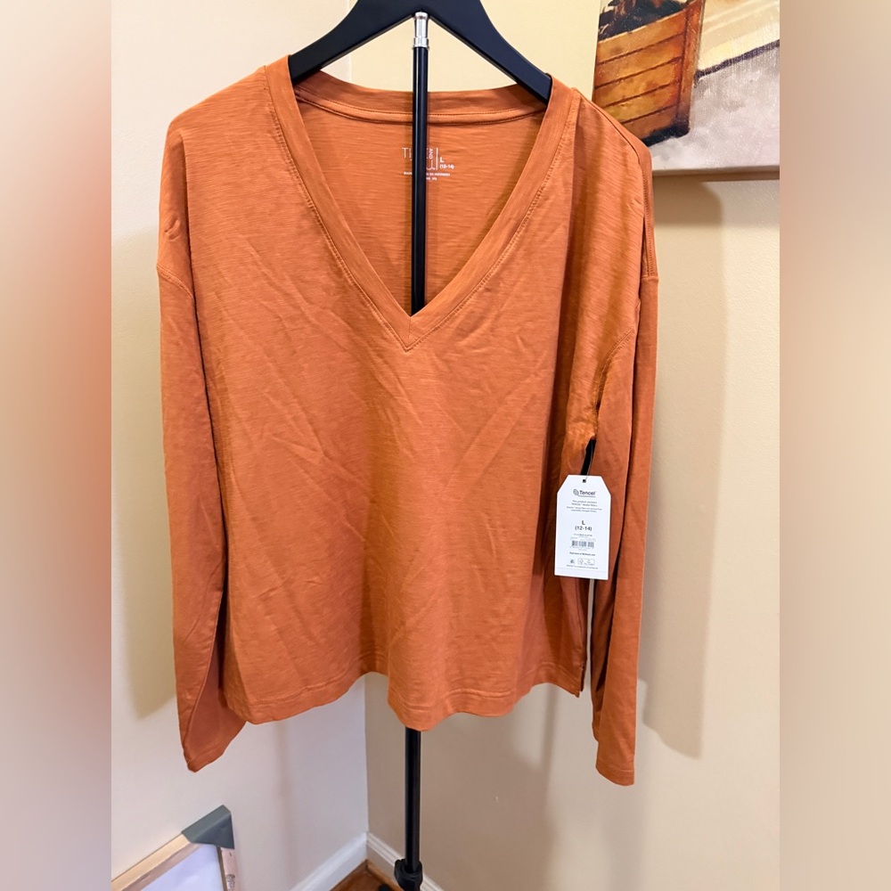 NWT Sz L & XL Time and Tru Women's Boxy Slub V-Neck Tee with Long Sleeves